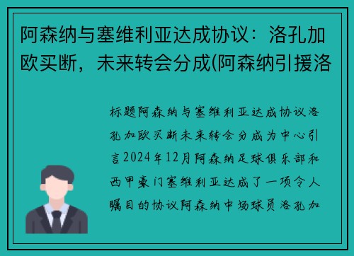 阿森纳与塞维利亚达成协议：洛孔加欧买断，未来转会分成(阿森纳引援洛孔加)